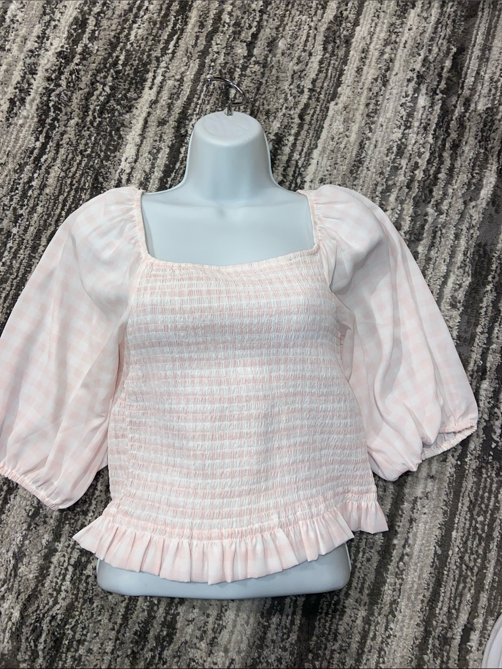 NWOT Jun & Ivy Blouse Top Pink Gingham Smocked Puff Off Shoulder Sleeves Ruffle